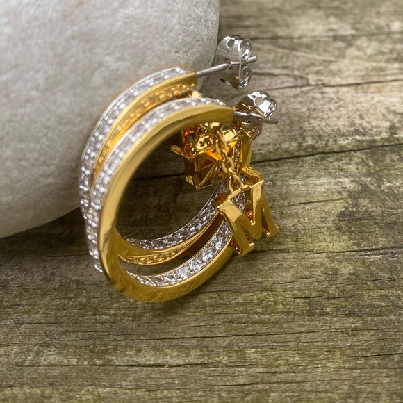 Danbury Mint Initial Hoop Earrings 14k gold plated w/ Diamonisse diamonds K & M - Picture 2 of 13